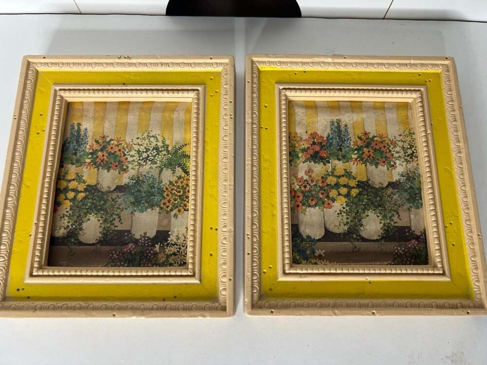 Set of Vintage Burwood Products Co. Floral Print Wall Plaques with Yellow Frames